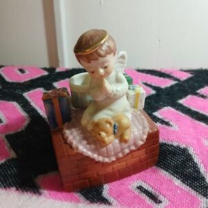 Porcelain Praying Angel with Bear, Gifts Candle Holder Music Box Approx 3.75"